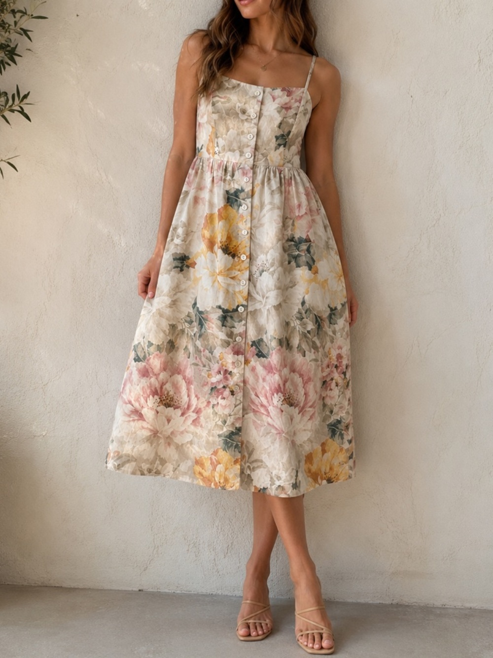 H&M Linen Blend Floral Button Front Midi Dress Smocked Back Small